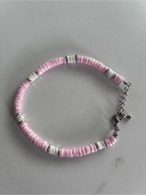 Vintage coastal pink and white beaded shell bracelet or anklet